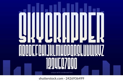 Urban massive condensed geometric font for logos and emblems, tall minimal strong vector typeface, typography with no round elements, only corners and straight lines geometry.