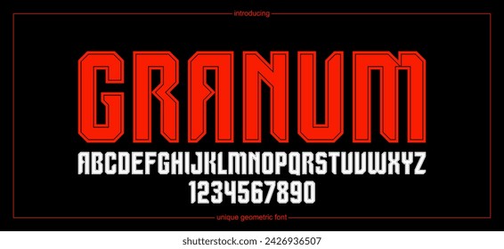 Urban massive geometric font for logos and emblems, minimal strong vector typeface, typography with no round elements, only corners and straight lines geometry.