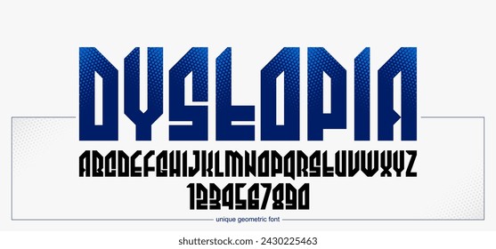 Urban massive geometric font for logos and emblems, minimal strong vector typeface, typography with no round elements, only corners and straight lines geometry.