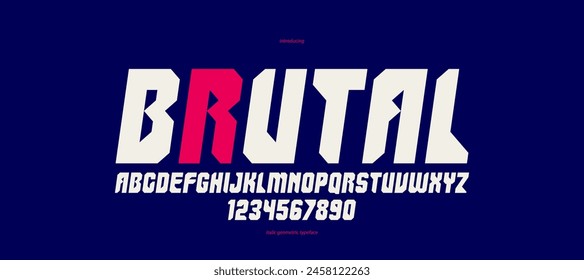 Urban massive geometric font for logos and emblems, minimal strong vector typeface, typography with no round elements, only corners and straight lines geometry, italic version.