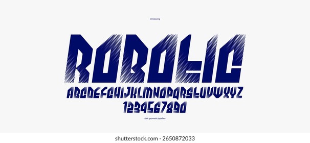 Urban massive geometric font for logos and emblems, minimal strong vector typeface, typography with no round elements, only corners and straight lines geometry, italic version.
