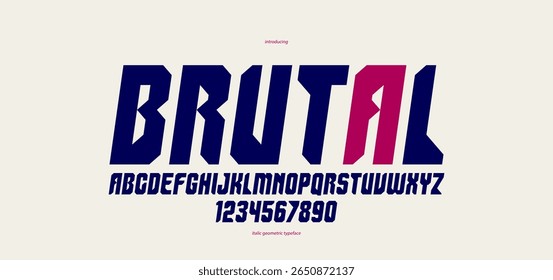 Urban massive geometric font for logos and emblems, minimal strong vector typeface, typography with no round elements, only corners and straight lines geometry, italic version.