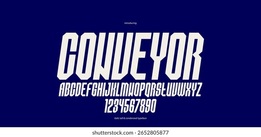 Fonte geométrica maciça urbana para logotipos e emblemas, fonte vetorial forte mínima, tipografia sem elementos redondos, apenas cantos e geometria de linhas retas, versão itálica.