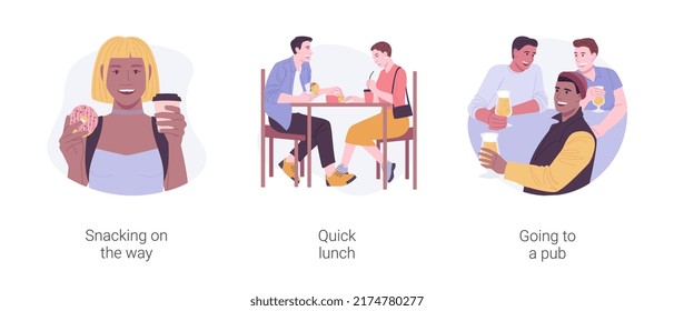 Urban meal isolated cartoon vector illustrations set. Snacking on the way, quick lunch in cafe outdoors, going to a pub, drinking coffee on the street, drink beer after work vector cartoon.