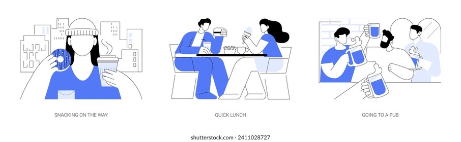 Urban meal isolated cartoon vector illustrations set. Snacking on the way, quick lunch in cafe outdoors, going to a pub, drinking coffee on the street, drink beer after work vector cartoon.