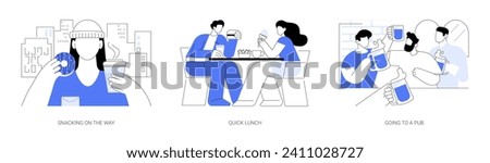 Urban meal isolated cartoon vector illustrations set. Snacking on the way, quick lunch in cafe outdoors, going to a pub, drinking coffee on the street, drink beer after work vector cartoon.