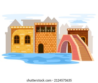 Urban medieval landscape. Stone fortress near bridge over river. Landscape of town, tourist attraction. Sight, place to visit during travel. Castle on water with towers. Pedestrian bridge over river
