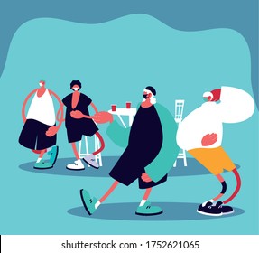 Urban men cartoons with masks casual cloth and restaurant table with drinks design of Medical care and covid 19 virus theme Vector illustration