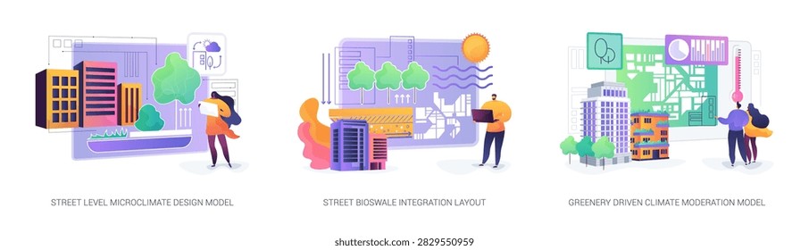 Urban Microclimate Green Design abstract concept vector illustration set. Concept visual of vegetation layers, bioswales, and permeable surfaces reducing heat and managing rainwater. abstract metaphor.