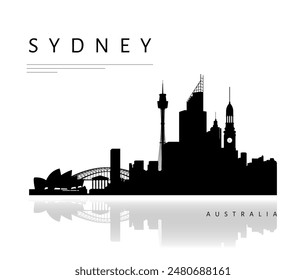 Urban minimalist silhouette Sydney skyline. Black and white vector illustration with reflection