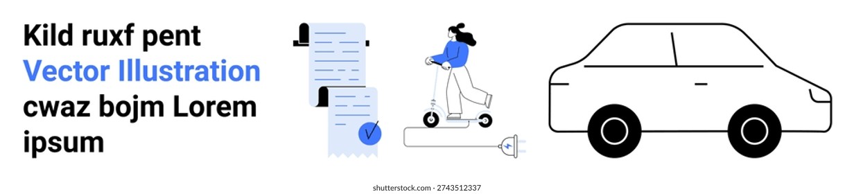 Urban mobility, commuting, transportation, daily tasks, paperwork management, eco-friendly travel. Person riding a scooter, document stack and car illustration. Urban mobility and commuting ideas