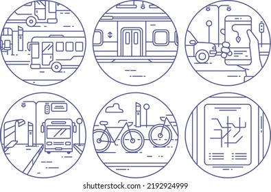 Urban mobility and public transportation. City with bus, train, bike and cars.