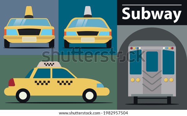 Urban mode of transport. Metro, subway, cars,
taxis. Flat design.