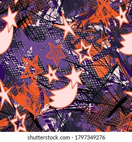 Urban modern abstract grunge  pattern wirh hand draw stars on the seamless backdrop.