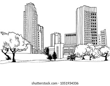 Urbane moderne Stadtbild. Handgezeichnete Linienskizze. Vektorgrafik auf Weiß