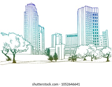 Urban modern cityscape. Hand drawn line sketch. Colorful vectir illustration on white