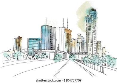 Urban modern landscape. Hand drawn line sketch. Vector illustration on watercolor background