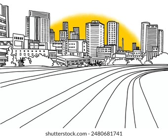 Urban modern landscape. Hand drawn line sketch. Vector illustration. Sunshine background.