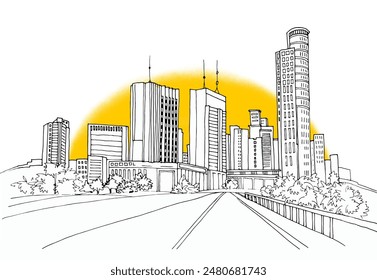 Urban modern landscape. Hand drawn line sketch. Vector illustration. Sunshine background.