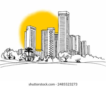 Urban modern landscape. Hand drawn line sketch. Vector illustration. Sunshine background