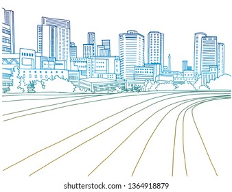 Urban modern landscape. Tel Aviv, Israel. Hand drawn line sketch.Colorful vector illustration on white background.