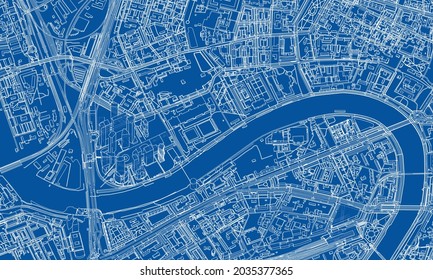 Urban modern landscape. Vector rendering of 3d. Wire-frame style. The layers of visible and invisible lines are separated. Orthography or isometric