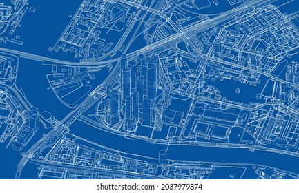 Urban modern landscape. Vector rendering of 3d. Wire-frame style. The layers of visible and invisible lines are separated. Orthography or isometric