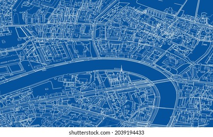 Urban modern landscape. Vector rendering of 3d. Wire-frame style. The layers of visible and invisible lines are separated. Orthography or isometric