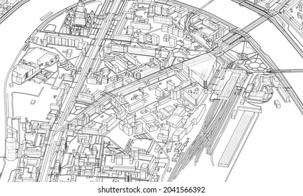 Urban modern landscape. Vector rendering of 3d. Wire-frame style. The layers of visible and invisible lines are separated. Orthography or isometric