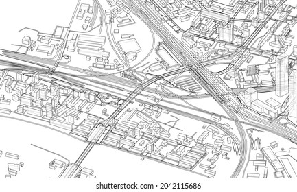 Urban modern landscape. Vector rendering of 3d. Wire-frame style. The layers of visible and invisible lines are separated. Orthography or isometric