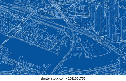 Urban modern landscape. Vector rendering of 3d. Wire-frame style. The layers of visible and invisible lines are separated. Orthography or isometric