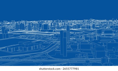 Urbana paisaje moderno. Vector de renderizado 3D. Estilo de marco de alambre. Las capas de líneas visibles e invisibles están separadas. Ilustración 3D