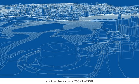 Urban modern landscape. Vector rendering of 3d. Wire-frame style. The layers of visible and invisible lines are separated
