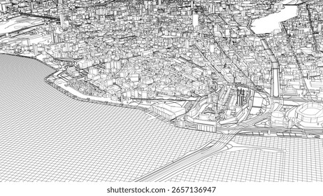Urbana paisaje moderno. Vector de renderizado 3D. Estilo de marco de alambre. Las capas de líneas visibles e invisibles están separadas