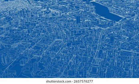 Urban modern landscape. Vector rendering of 3d. Wire-frame style. The layers of visible and invisible lines are separated. 3D Illustration