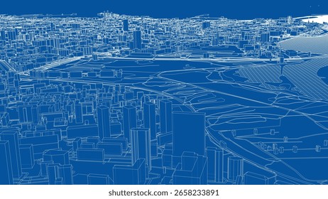 Paisagem urbana moderna. Renderização vetorial de 3d. Estilo aramado. As camadas de linhas visíveis e invisíveis são separadas