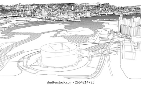 Urban modern landscape. Vector rendering of 3d. Wire-frame style. The layers of visible and invisible lines are separated. 3D Illustration