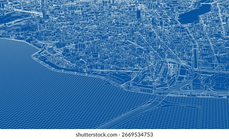 Urban modern landscape. Vector rendering of 3d. Wire-frame style. The layers of visible and invisible lines are separated. 3D Illustration