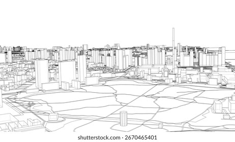 Urban modern landscape. Vector rendering of 3d. Wire-frame style. The layers of visible and invisible lines are separated