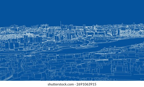 Urban modern landscape. Vector rendering of 3d. Wire-frame style. The layers of visible and invisible lines are separated