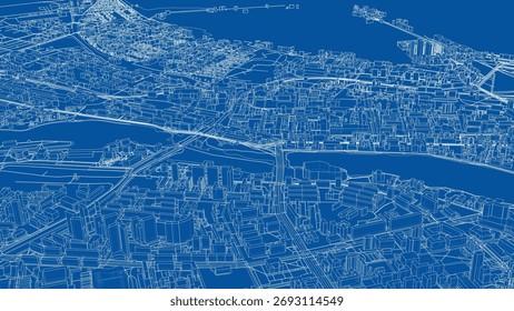 Urbana paisaje moderno. Vector de renderizado 3D. Estilo de marco de alambre. Las capas de líneas visibles e invisibles están separadas