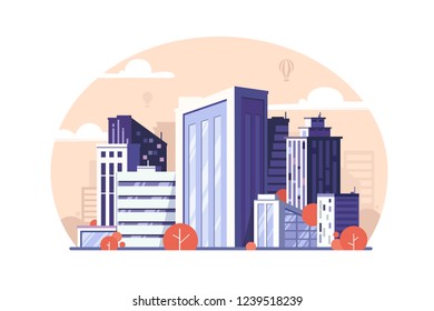 Urban modern megapolis with skyscraper and tree. Concept residential and business district for people. Vector illustration.