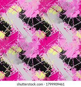 Urban modern seamless pattern with grunge spots, curved lines, dots