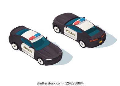 Urban modern sedan police car for protection of people. Concept city public security services, justice. Isometric 3d vector illustration.