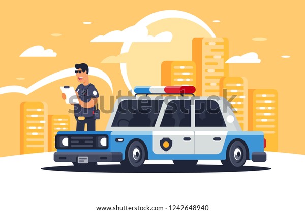 Urban modern sedan\
police car with policeman for protection of people on background of\
city. Concept city public security services, justice, writes out\
fine. Vector\
illustration.