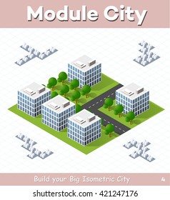 Urban module for the construction and design of large isometric city. Five town homes with white corner street with trees