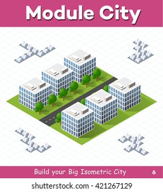 Urban module for the construction and design of large isometric city. Six town houses white with a straight street with trees