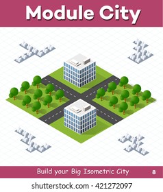 Urban module for the construction and design of large isometric city. Two town houses white with a crossroads of streets with trees