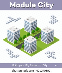 Urban  module  for  the  construction  and  design  of   large  isometric  city. Four of the skyscraper to the street with trees