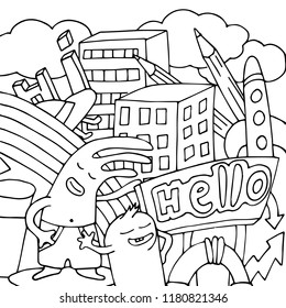 Urban monsters in the city with rocket concept in hand drawn style. For print, poster, nursery design